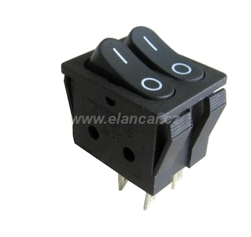 Kolébkový přepínač dvojitý 2x ON-OFF, 250V/15A, černý (dělená klapka)