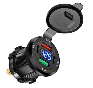 Univerzální vestavná napájecí zdířka 12V–40V – USB-C (PD) + USB-A (QC 3.0), kulatá