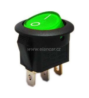 Vypínač kolébkový - ON-OFF 1pol.12V/16A, zelené podsvícení kulatý