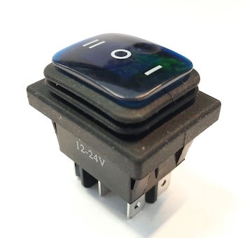 Vypínač kolébkový ON-OFF-ON modrý – 1pólový, 250V/16A, vodotěsný (IP65)